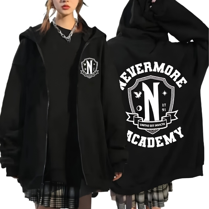 Men Women Nevermore Academy Logo Print Graphic Zipper Hoodie